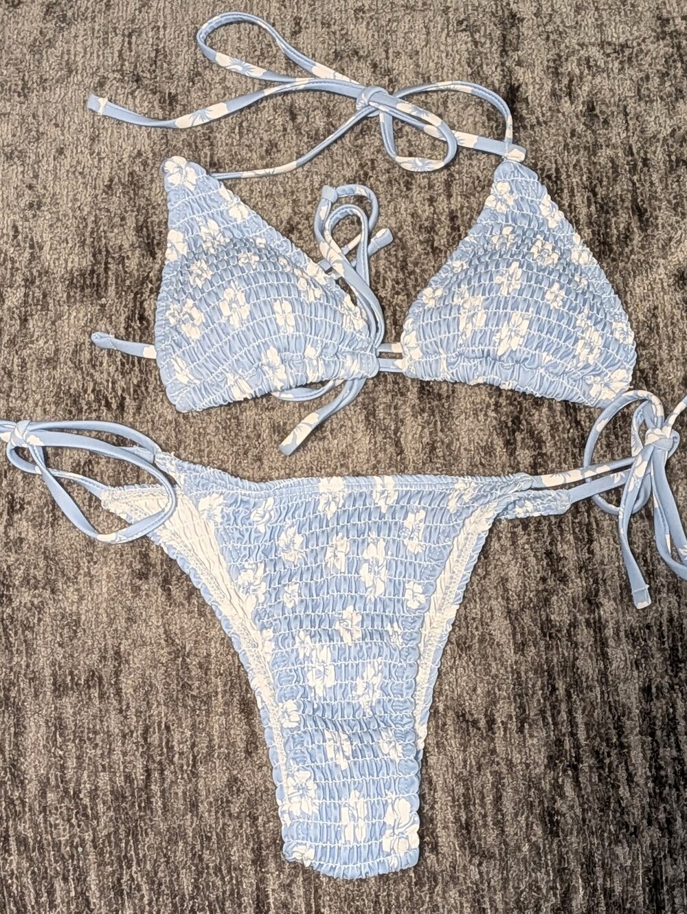 NWOT,Shein,Blue/White Floral, Smock Halter Top\String Bikini Swim Bottom-2pc-XS